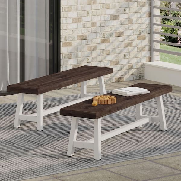 Outdoor Benches (Set of 2) 63 in. Sandblasted Dark Brown and White Acacia Wood with Slat Panel Top Storage Stool