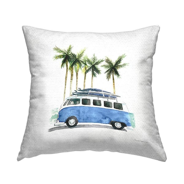 Tropical Beach Van Palm Trees Blue Square Outdoor Throw Pillow