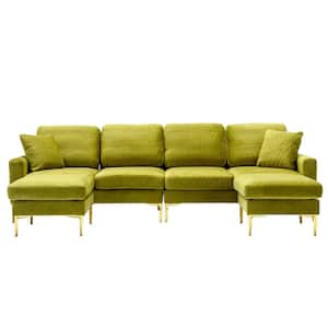 114 in. 4-piece U-Shape Olive Green Velvet Modern Upholstered Sectional Sofa with 2-Removable Ottomans