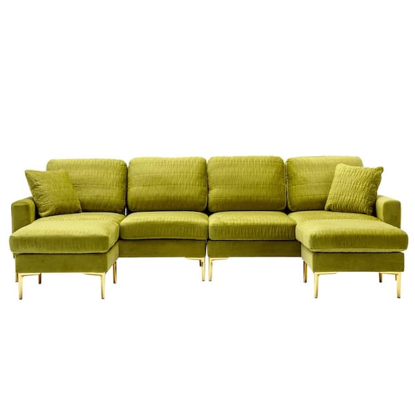 HOMEFUN 114 in. 4-piece U-Shape Olive Green Velvet Modern Upholstered Sectional Sofa with 2-Removable Ottomans