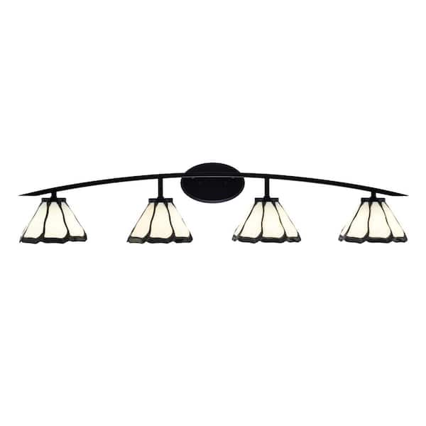 Unbranded Siena 40 in. 4-Light Matte Black Vanity-Light with 7 in. Pearl & Black Flair Art Glass Shades No Bulbs Included