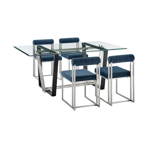 Armen Living Kai and Anastasia 5-Piece Blue Glass and Top Dining Set Seats 4