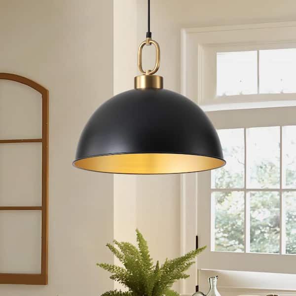 16.14 in. 1-Light Black Farmhouse Metal Hemispherical Shade Height Adjustable Hanging Pendant Light