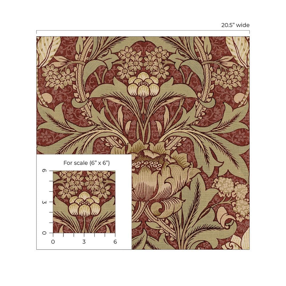 Red Clay and Lichen Floral Pre-Pasted Washable Wallpaper Roll