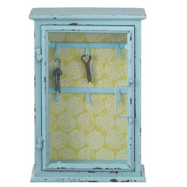 Filament Design Sundry 13.9 in. x 9 in. Wood Key Cabinet with Mum Pattern in Blue-DISCONTINUED