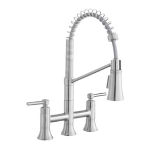 Pritchard Double-Handle Spring Neck Pull-Down Sprayer Bridge Kitchen Faucet in Stainless Steel