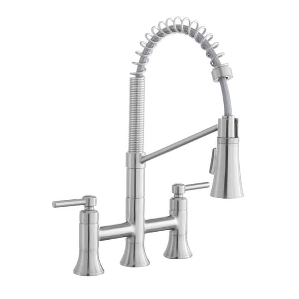 Glacier Bay Pritchard Two-Handle Spring Neck Pull-Down Sprayer Bridge Kitchen Faucet in Stainless Steel