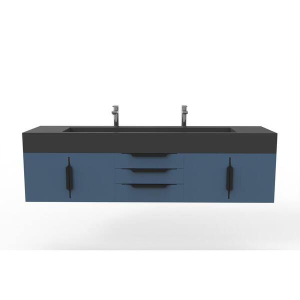 castellousa Nile 72 in. W x 19 in. D x 20 in. H Single Bath Vanity in Matte Blue with Black Trim and Black Solid Surface Top
