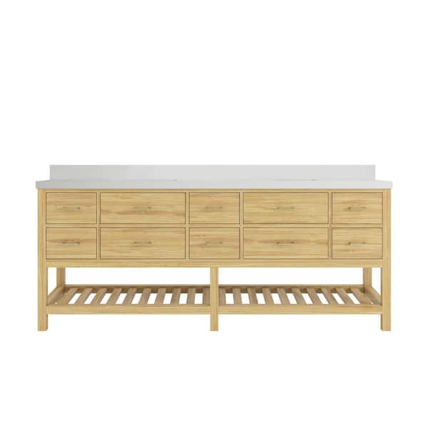 Parker Teak 84 in. Double Sink Freestanding Light Natural Bath Vanity with Regular White Quartz Top Unassembled