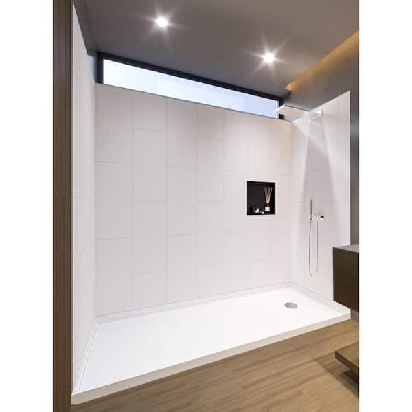 NuVo Winter White 60-in x 34-in x 83-in 7 Pieces Alcove Shower Kit With Glue Up Shower Wall and Shower Pan Center Drain