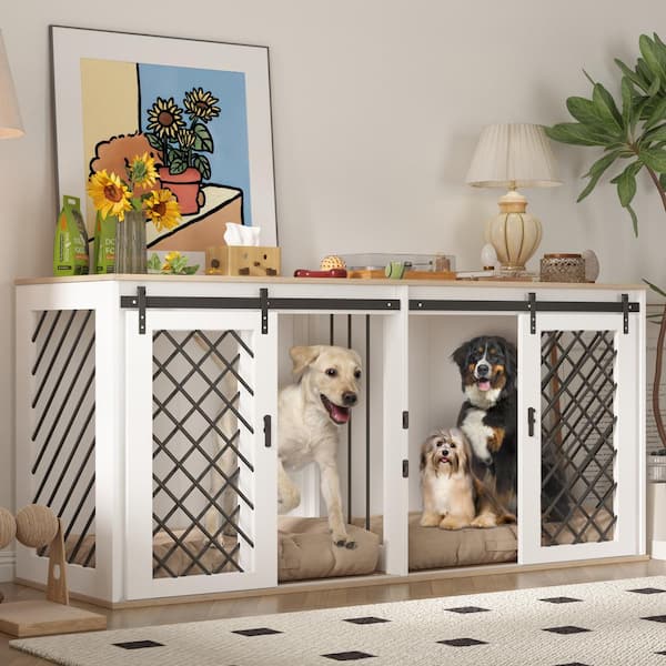 70.8 in. Indestructible Dog House with Removable Irons for 2 Medium Dogs, Modern Large Dog Crate Kennel Furniture, White