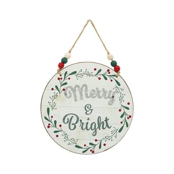 PARISLOFT 7.875 in. Merry and Bright Christmas Wall Hanging Ornaments with Wood Bead String Hanger