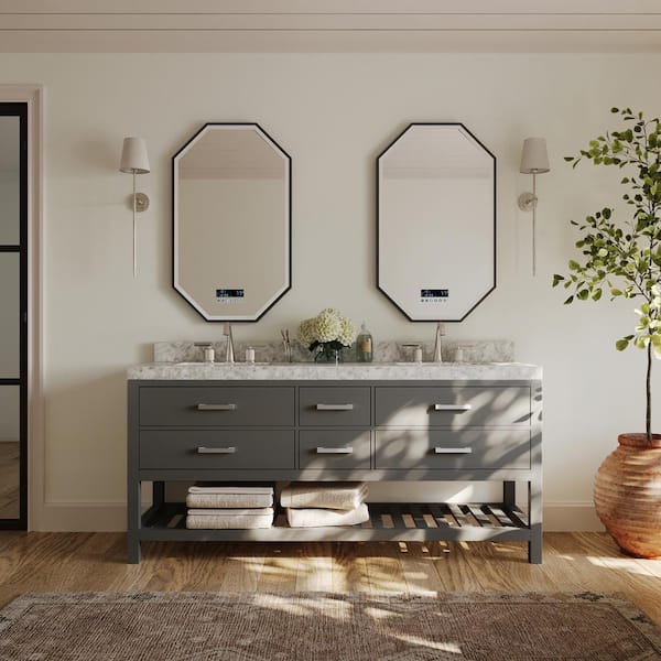 Ancerre Designs Elizabeth 72 in. W x 22 in. D Vanity in Sapphire Gray with Marble Vanity Top in Carrara White with White Basins