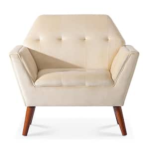 Modern Beige Fabric Upholstered Armchair Tufted Accent Side Chair Wood Legs Single Sofas
