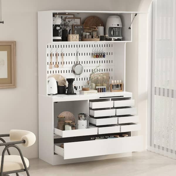 FUFU&GAGA White Color Wood 47.2 in. W Buffet Kitchen Cabinet Food Pantry With Metal hooks, Drawers, Open Work Table (78.7 in. H)
