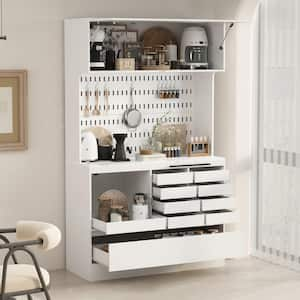 White Color Wood 47.2 in. W Buffet Kitchen Cabinet Food Pantry With Metal hooks, Drawers, Open Work Table (78.7 in. H)