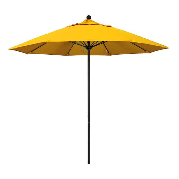 California Umbrella 9 ft. Black Aluminum Commercial Market Patio Umbrella with Fiberglass Ribs and Push Lift in Sunflower Yellow Sunbrella