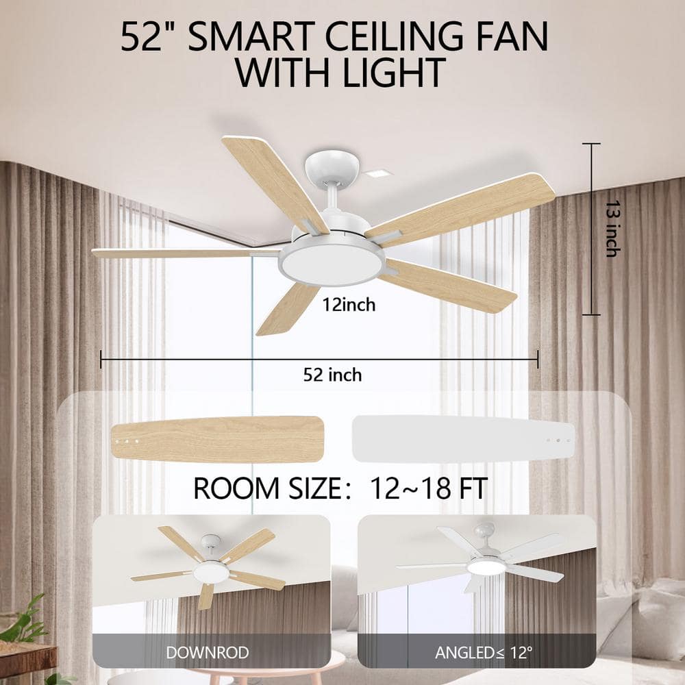 52-Inch White and Light Brown Smart Ceiling Fan with LED Light and Remote