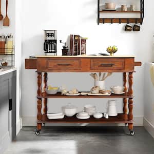 Solid Wood Natural Top Brown Rolling Kitchen Cart Wine and Spice Rack, 2-Drawers