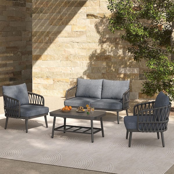 Lycvki 4-Piece Black Outdoor Patio Furniture Set, Conversation Set with ...