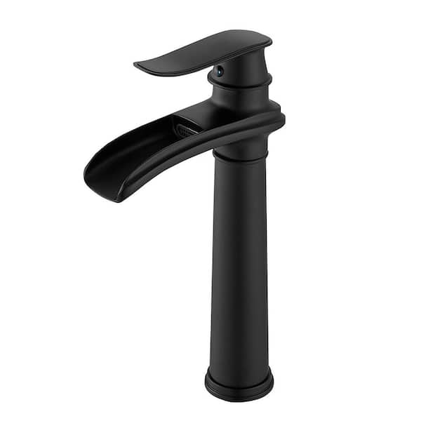 Waterfall Single Hole Tall Spout Bathroom Vessel Sink Faucet With Pop-up Drain Assembly in Matte Black