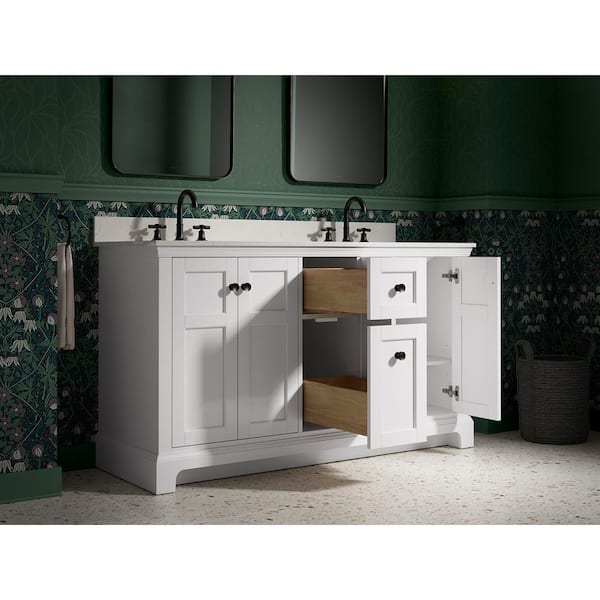 Baskin 60 in. Double Sink White Bath Vanity with Bianco Bella Quartz Top