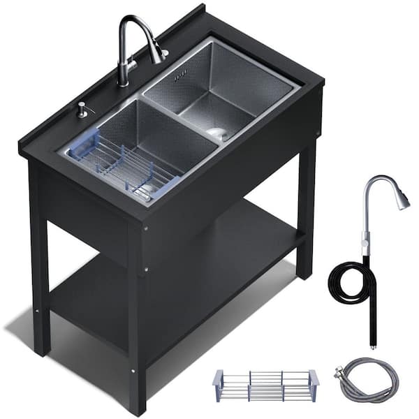 35.6 in. Black Stainless Steel 1 Compartment Utility Sink, Laundry Commercial Sink with Pull-Out Faucet Drain Kit