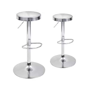 Swivel Adjustable Height Barstool with Footrest, Stainless Steel Round Top 32 in. Height Barstools, Set of 2-Silver