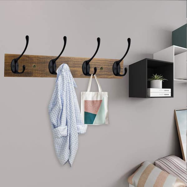 Entryway Hanging Coat Rack with 4 Black Literary Rustic Hooks Rail, Metal Wood Rack for Scarf Bag Towel Key