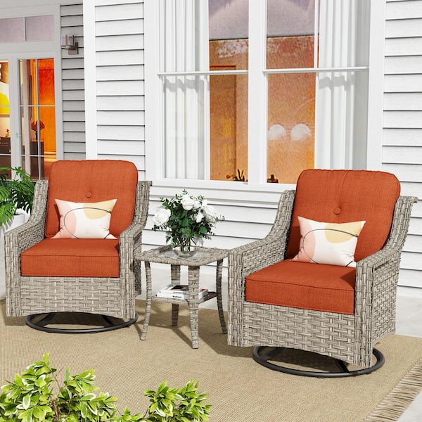 Toject Eureka Grey 3-Piece Wicker Outdoor Patio Conversation Swivel Rocking Chair Seating Set with Red Cushions