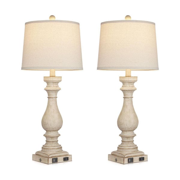 Bedside 27.5 in. Beige Dimmable Table Lamp Set with USB and Type-C Ports (Set of 2)