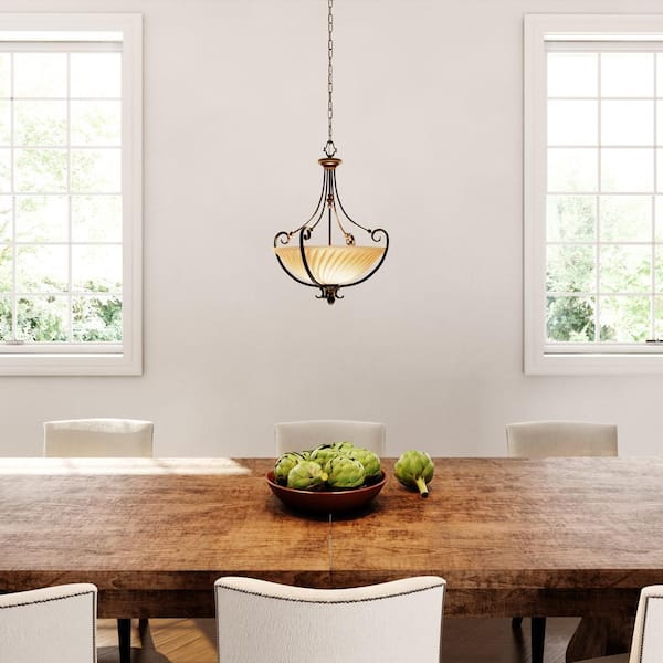 Progress Lighting Kensington Collection 3-Light Forged Bronze Foyer Pendant with Frosted Caramel Swirl Glass