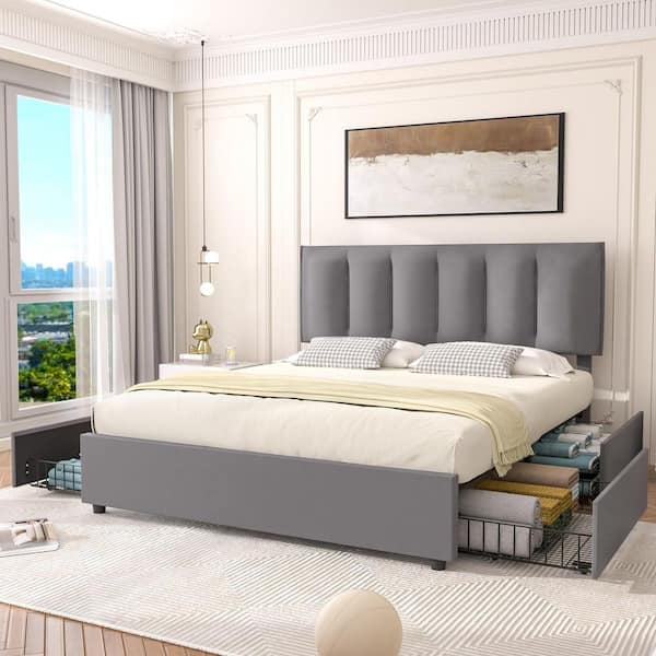 VECELO Upholstered Bed Frame, Gray Queen Metal Frame With 4-Storage Drawers and Adjustable Headboard Platform Bed Frame