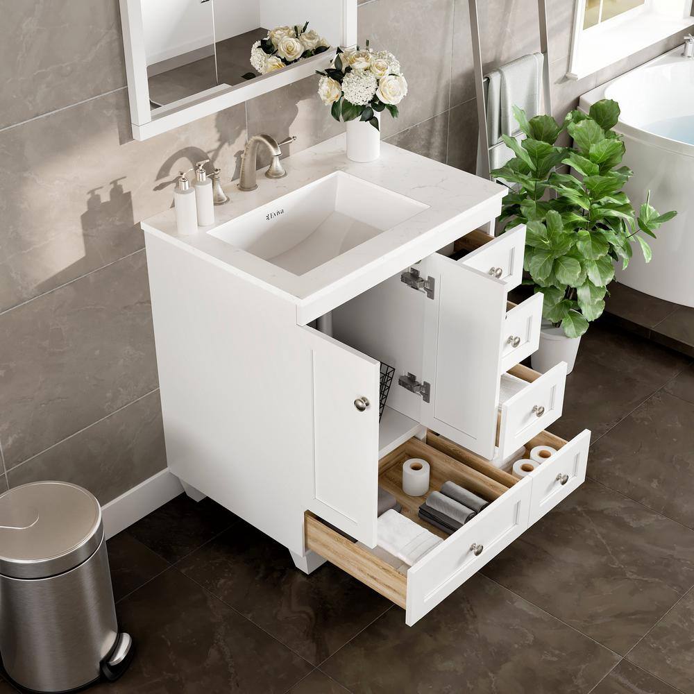 White Solid Wood Bathroom Vanity with Carrara Quartz Top and Sink