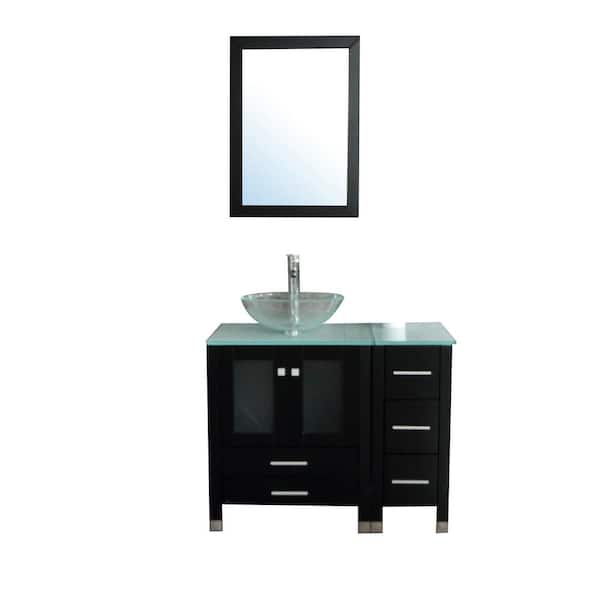 Wonline 36 in. W x 21.3 in. D x 29.1 in. H Single Sink Bath Vanity in Black with Glass Top and Mirror