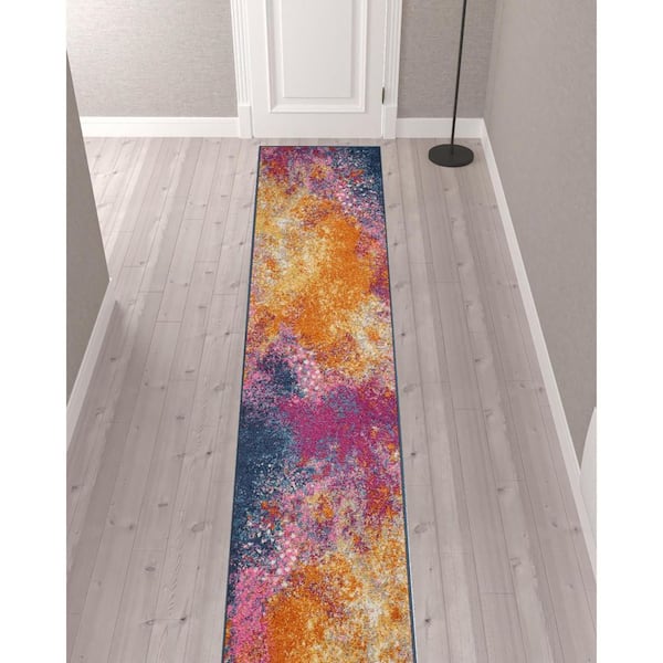 2 ft. x 12 ft.Blue Abstract Washable Area Rug