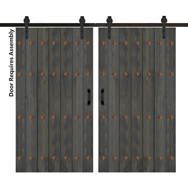 Mid-Century New Style 84 in. x 84 in. Carbon Gray Finished Solid Wood Double Sliding Barn Door with Hardware Kit