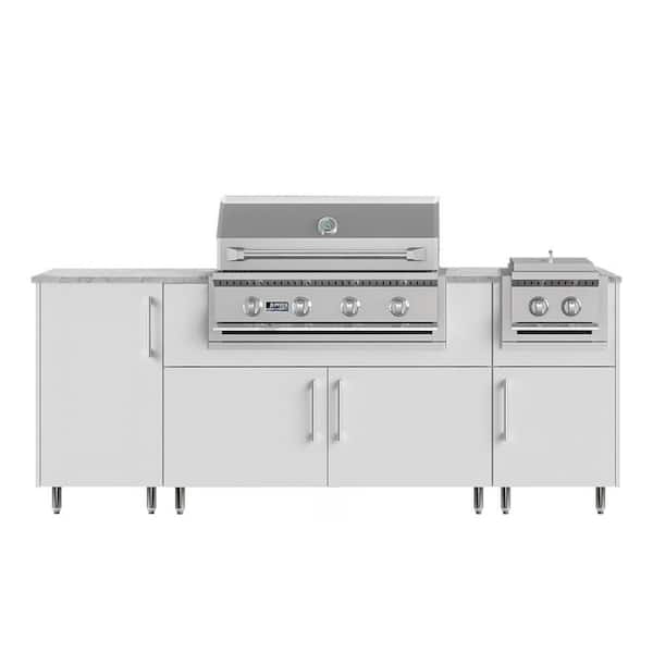 Golden Sky 86.5 in. W 4-Burner Propane Grill Island in Miami Shell White with Side Burner, Cabinet