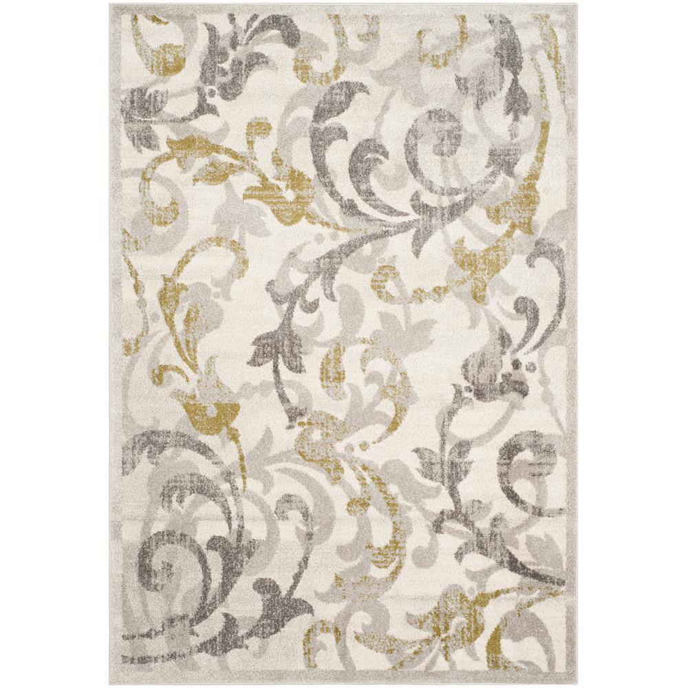 Ivory and Light Grey Floral Synthetic Area Rug