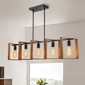5-Light Black and Wood Traditional Linear Kitchen Island Pendant Lighting Farmhouse Hanging Pendant Light