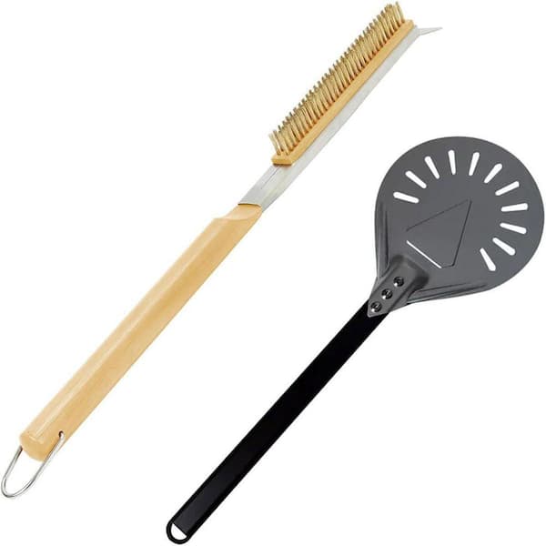 Pizza Oven Accessories Kit Stainless Steel Black Pizza Peel with Brush and Scraper for Turning and Cleaning