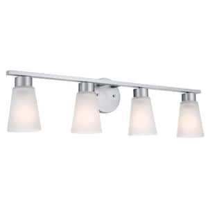 Stamos 31 in. 4-Light Brushed Nickel Modern Bathroom Vanity Light with Satin Etched Glass Shades