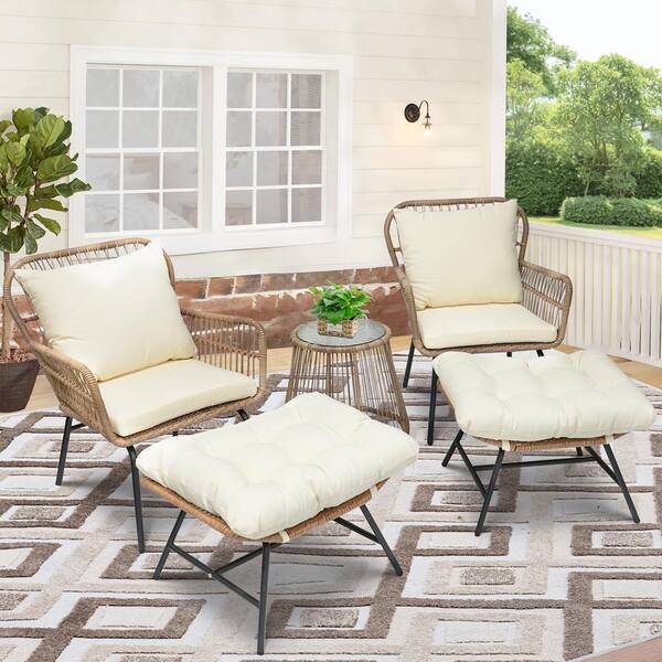 FINCATI Beige PE Wicker Outdoor Patio Lounge Chair with Beige Cushion and Ottoman (2 Chairs Included)