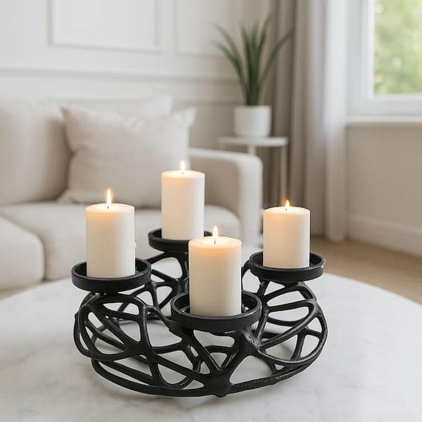 Black 12 in. x 12 in. Aluminum Four Leg Tea Light Metal Candle Holder