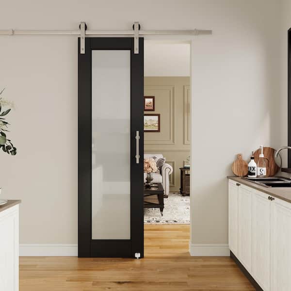 24 in. x 80 in. 1 Lite Tempered Frosted Glass Black Finished MDF Sliding Barn Door with Hardware Kit Nickel