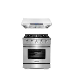 2PC Kitchen Package with 30" Freestanding Gas Range with 4 Burners and 30" Under Cabinet Range Hood in Stainless Steel