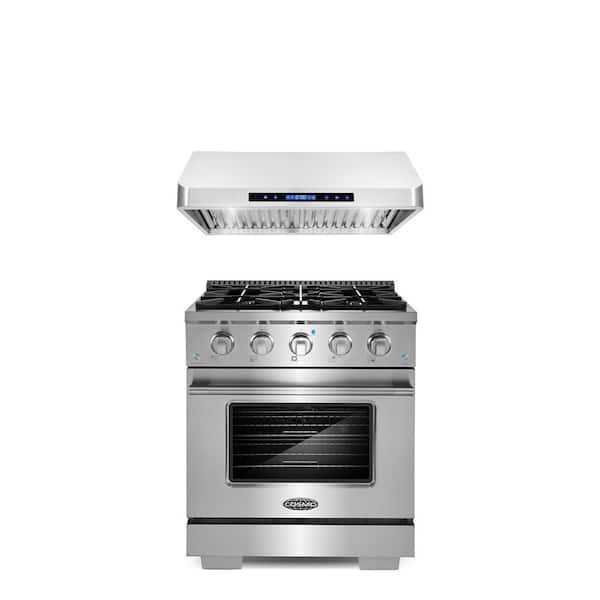 Cosmo 2PC Kitchen Package with 30" Freestanding Gas Range with 4 Burners and 30" Under Cabinet Range Hood in Stainless Steel