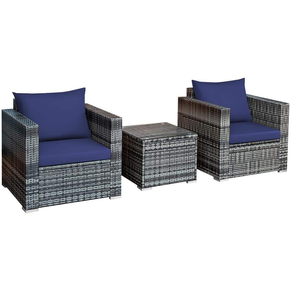 Costway  3-Piece Wicker Patio Rattan Furniture Outdoor Bistro Set with Navy Cushions Sofa Chair Table - 1