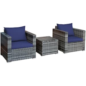 3-Piece Wicker Patio Rattan Furniture Outdoor Bistro Set with Navy Cushions Sofa Chair Table