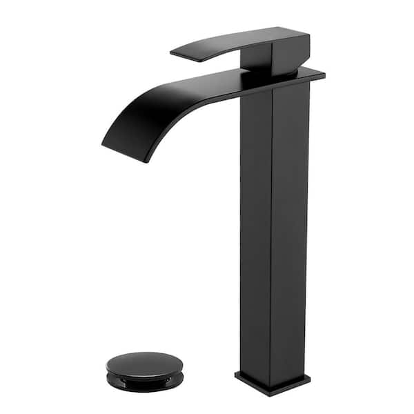 Single Handle Waterfall Vessel Sink Faucet with Drain Assembly Stainless Steel Bathroom High Tall Taps in Matte Black